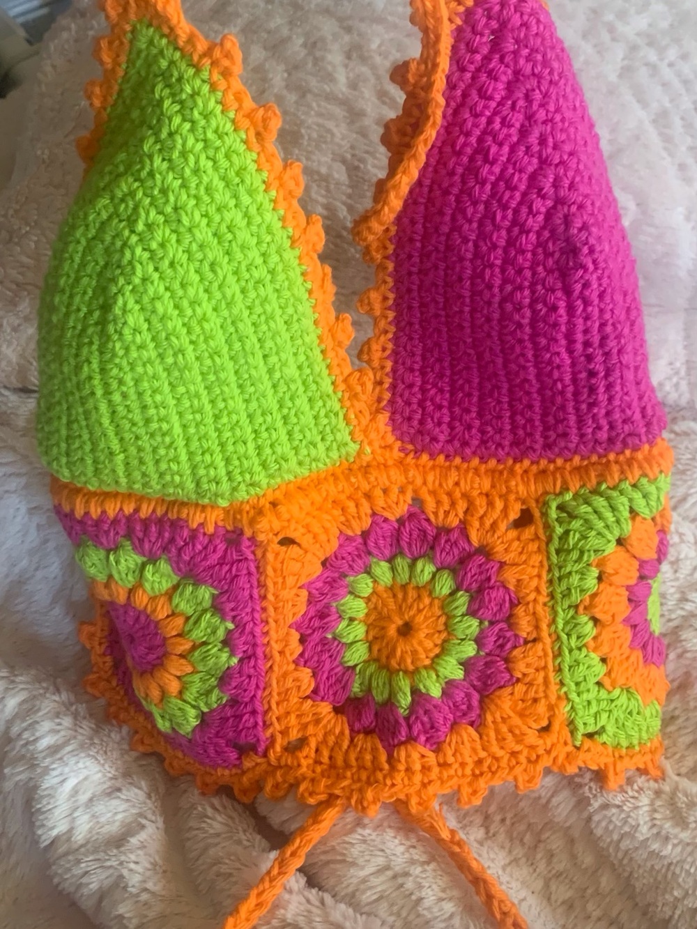 Neon Crochet cropped Halter Top - Pink, Lime & Orange